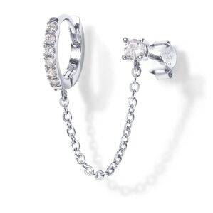 14K Gold Plated Dangle Chain Huggie Hoop CZ Cuff Earrings White Gold